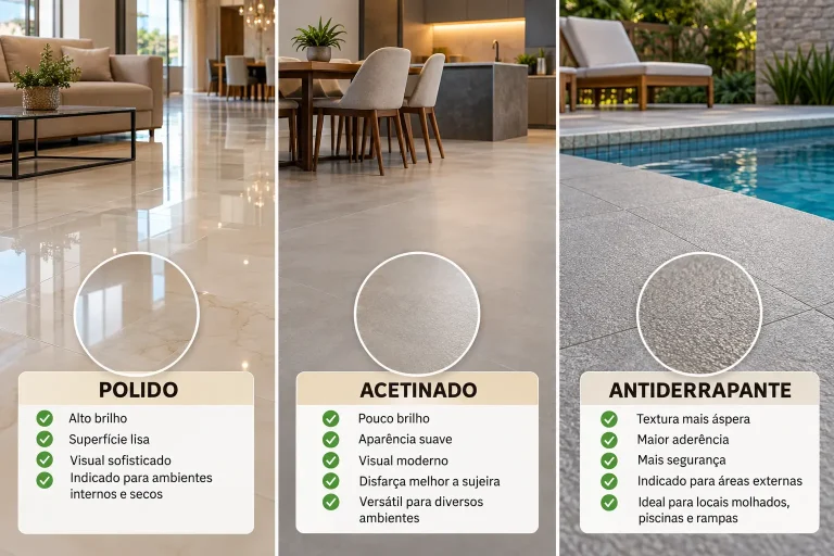 Qual a diferença do piso polido, acetinado e antiderrapante